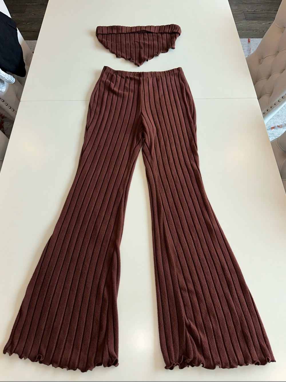 SHEIN Ribbed Flare Knit Pants in Chocolate